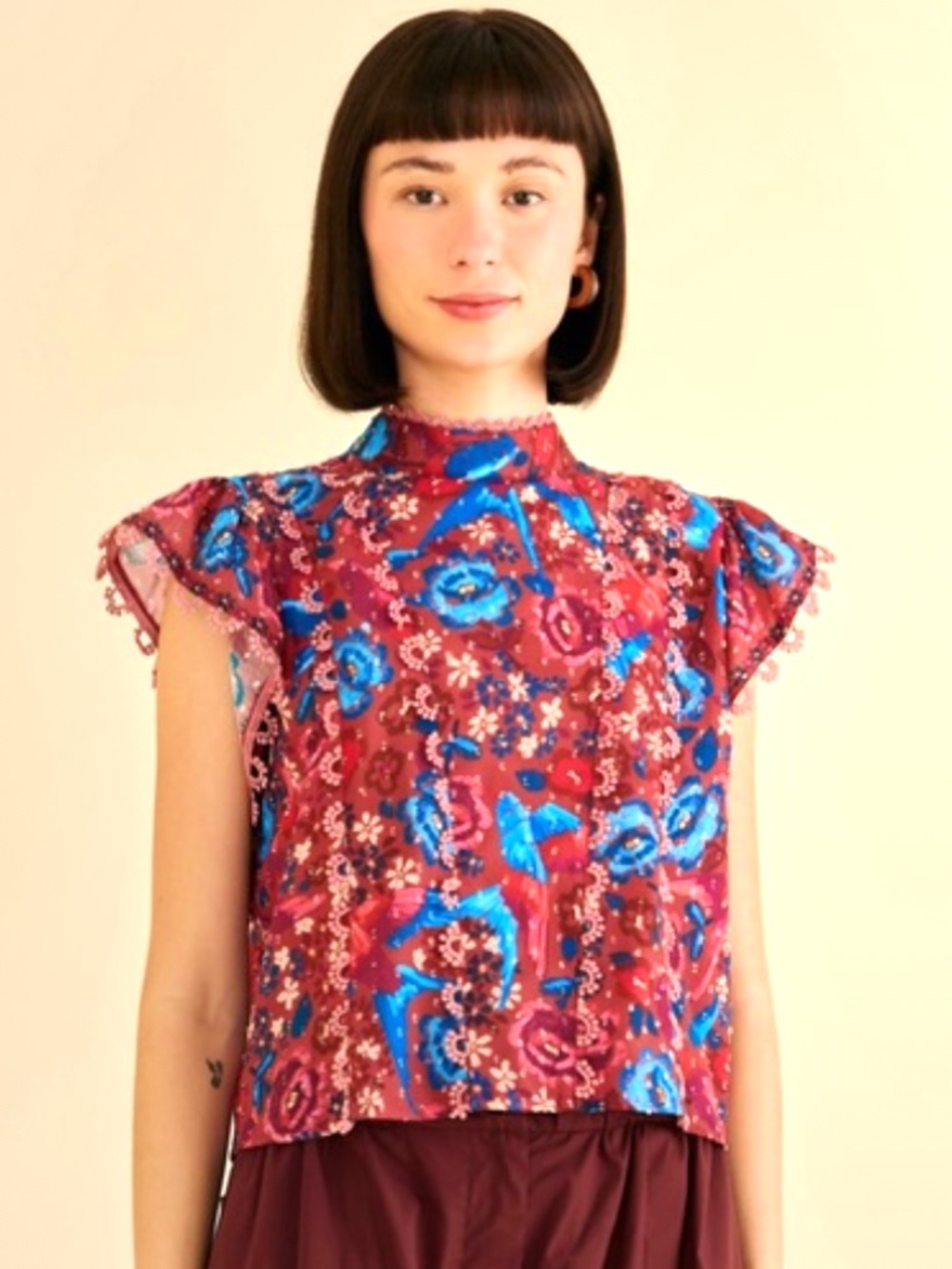 FARM Rio Floral Birds Blush Ruffle-Sleeve High-Neck Blouse Swiss Dot 100% Cotton